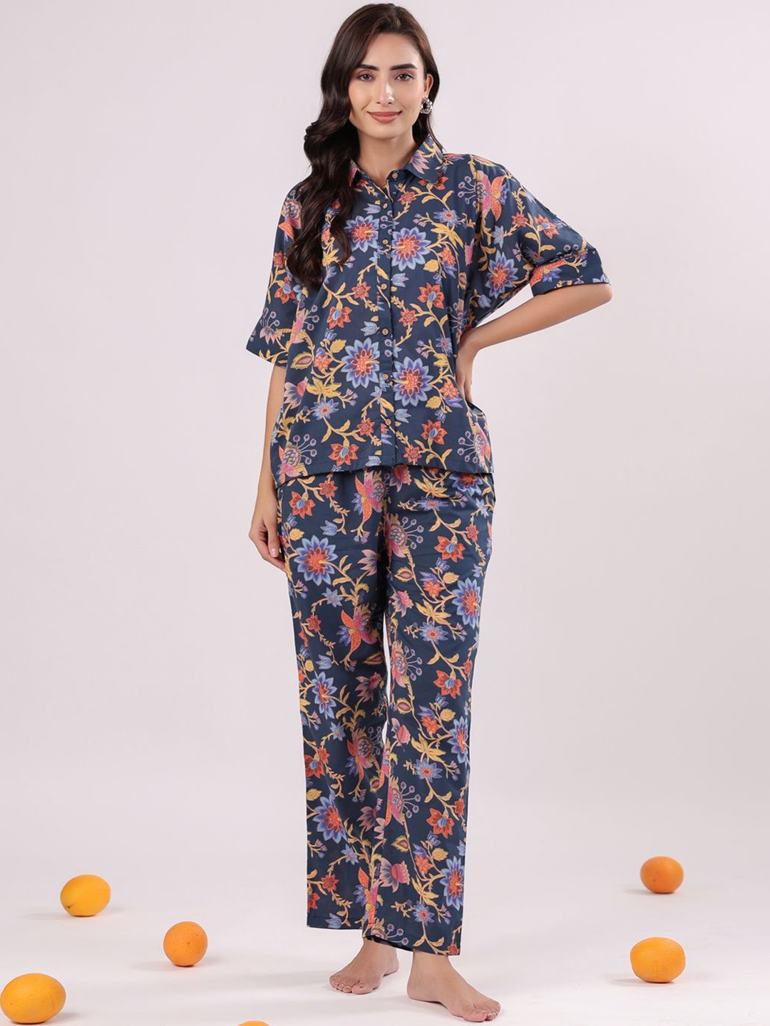 

SANSKRUTIHOMES Women Ethnic Motifs Printed Night suit, Blue