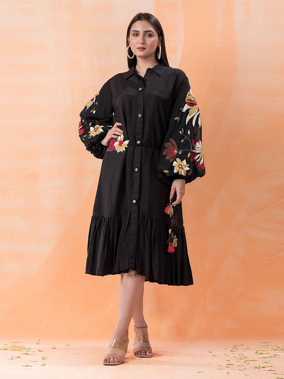 

SACRED SUTA Women Floral Shirt Midi Dress, Black