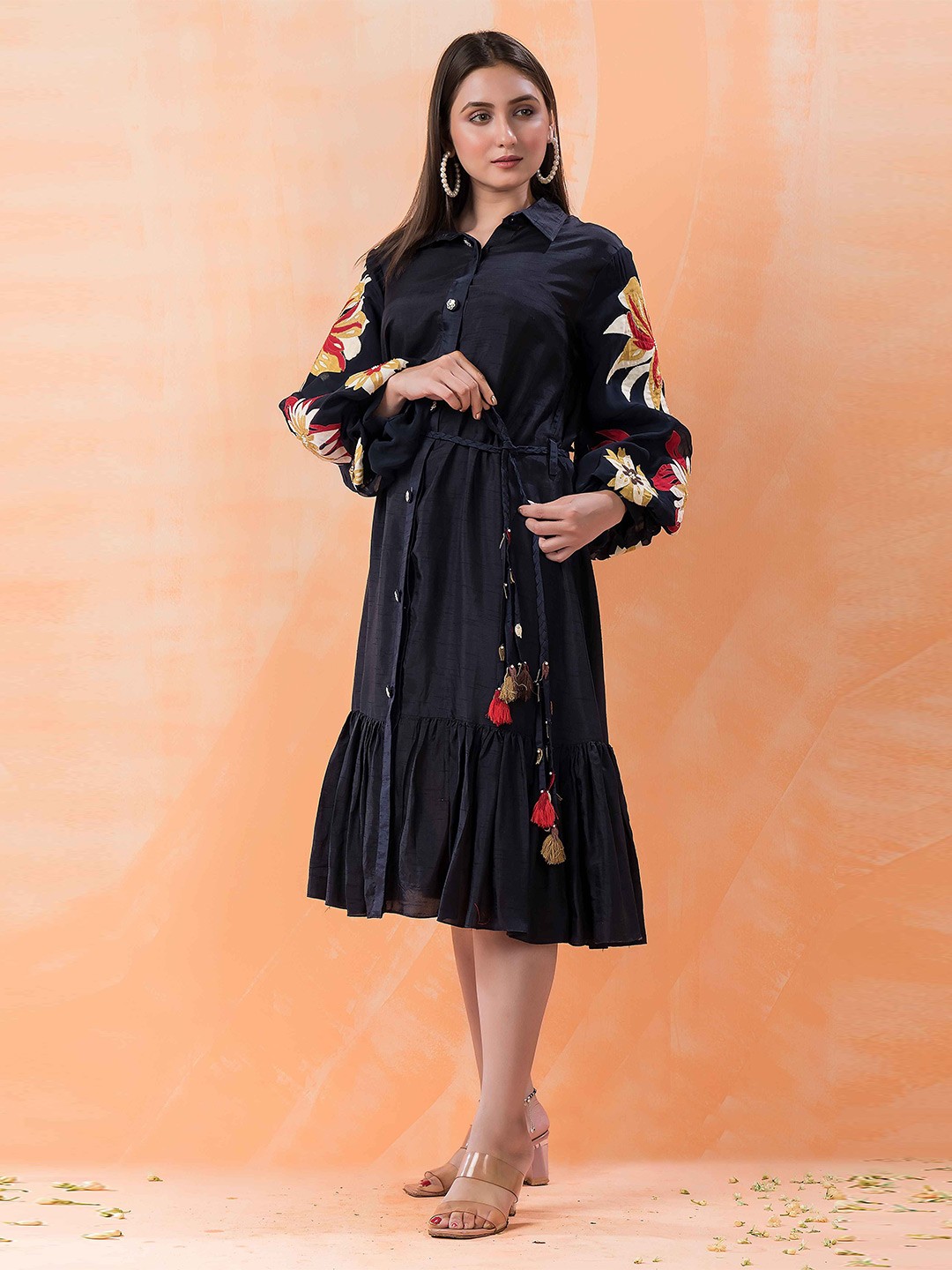

SACRED SUTA Women Cuffed Sleeve Shirt Midi Dress, Blue