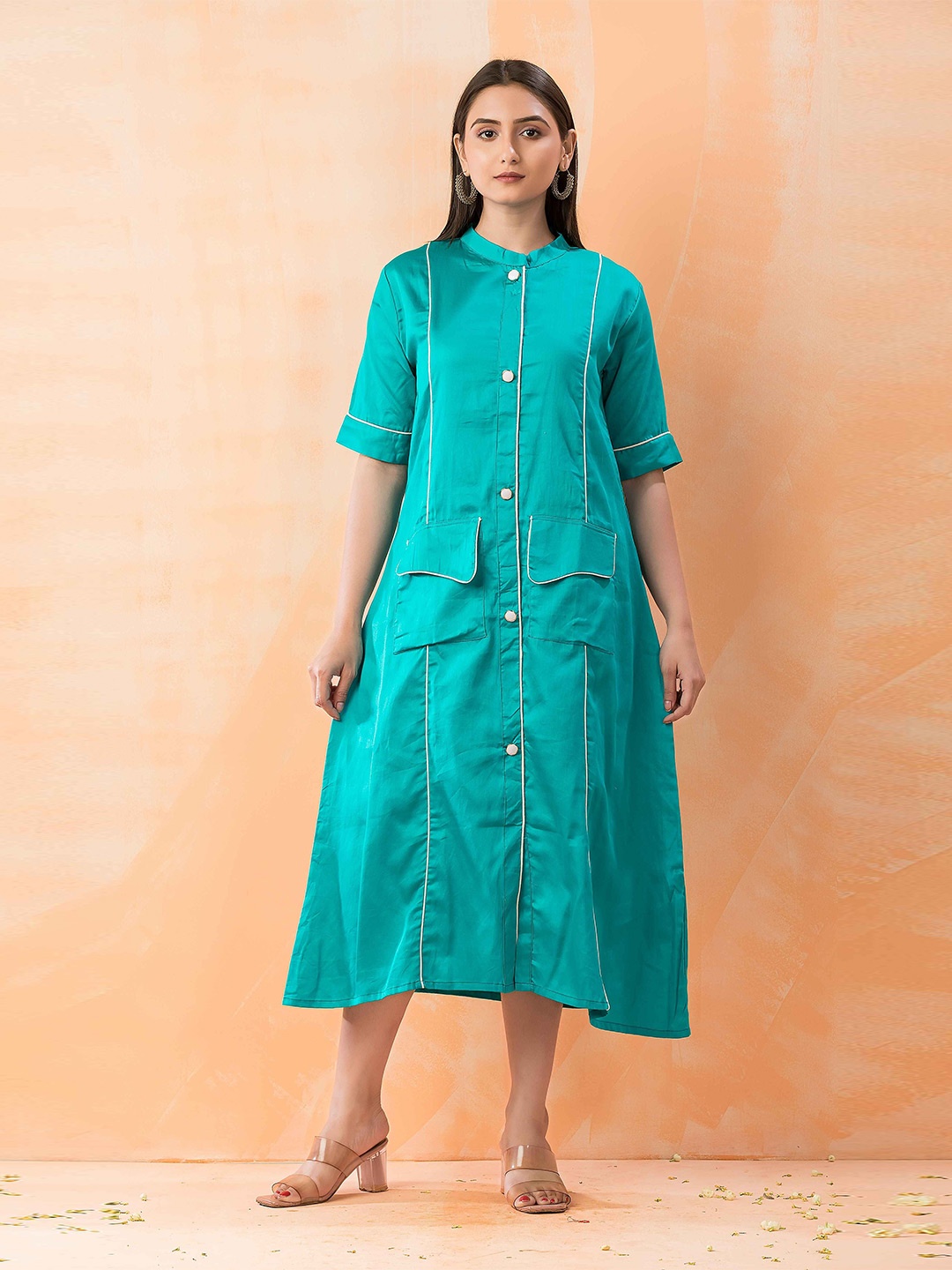 

SACRED SUTA Women Shirt Midi Dress, Turquoise blue