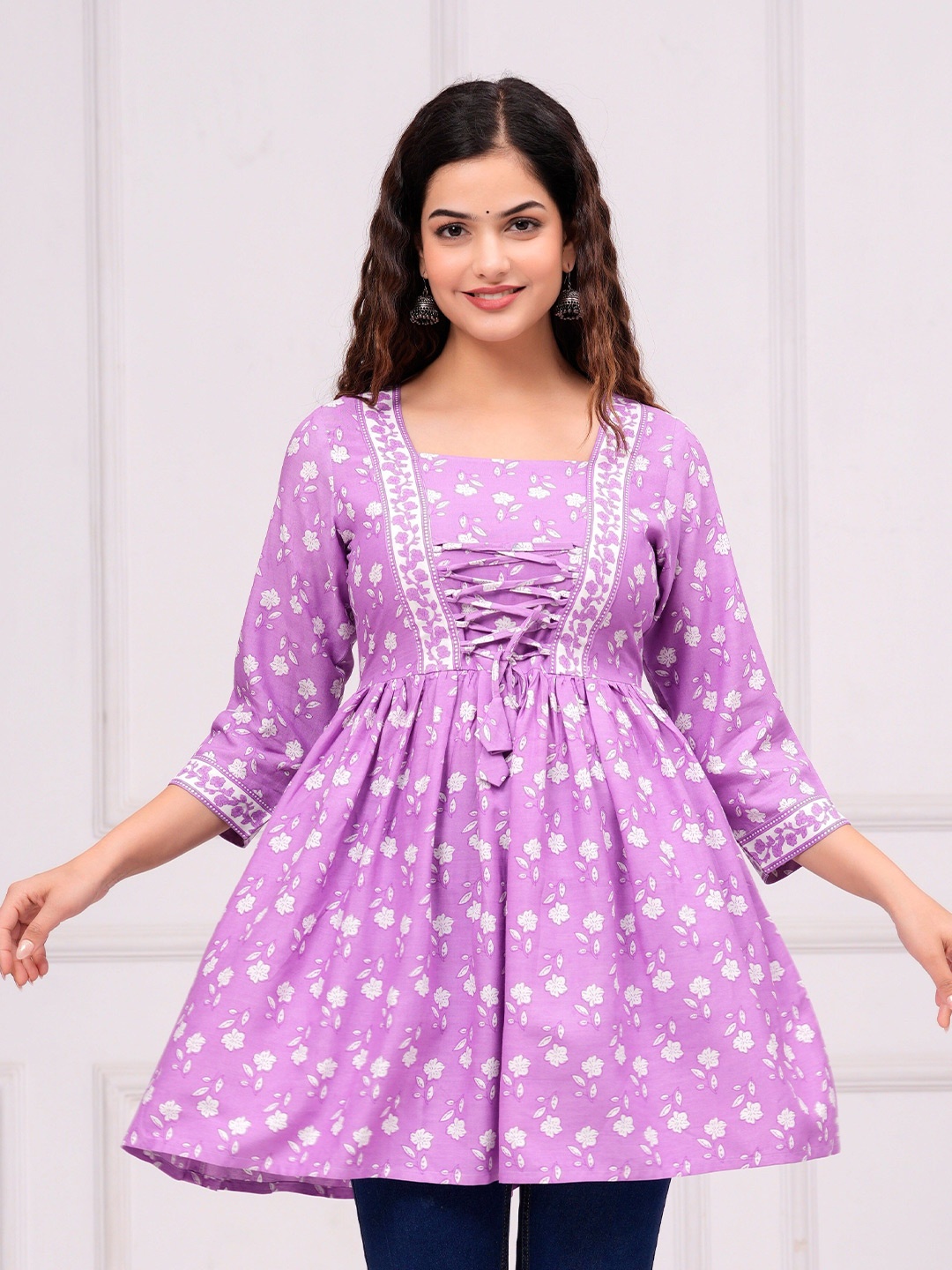 

INDIANIC Floral Printed Longline A-line Top, Lavender
