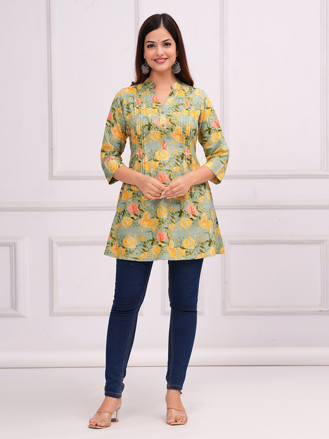 

INDIANIC Floral Print Mandarin Collar Longline A-line Top, Green