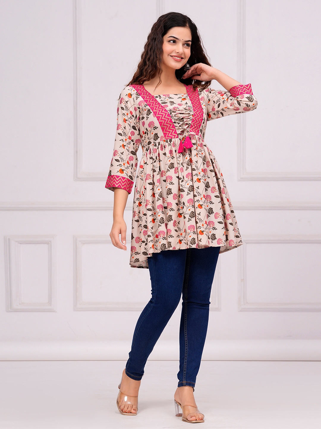 

INDIANIC Floral Print Longline A-line Top, Beige