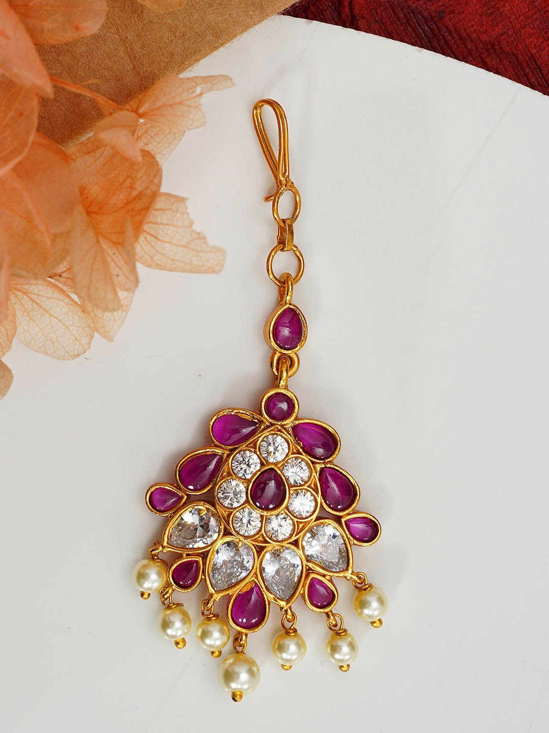 

Designbox Stones-Studded & Pearl Beaded Maang Tikka, Magenta