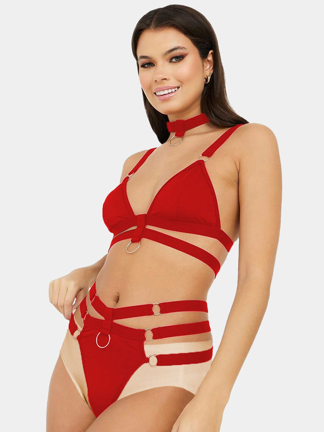 

FIMBUL Ring Linked Cut Out Non-Padded Lingerie Set, Red