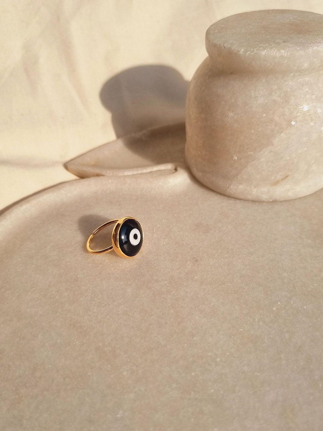 

Kirikiri 22KT Gold Plated Onyx Studded Evil Eye Adjustable Finger Ring
