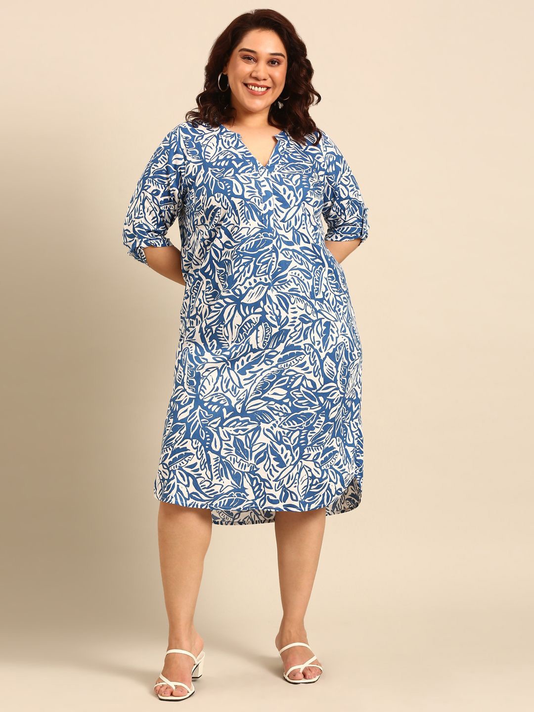 

The Pink Moon Women Tropical Print Knee Length A-Line Dress, Blue