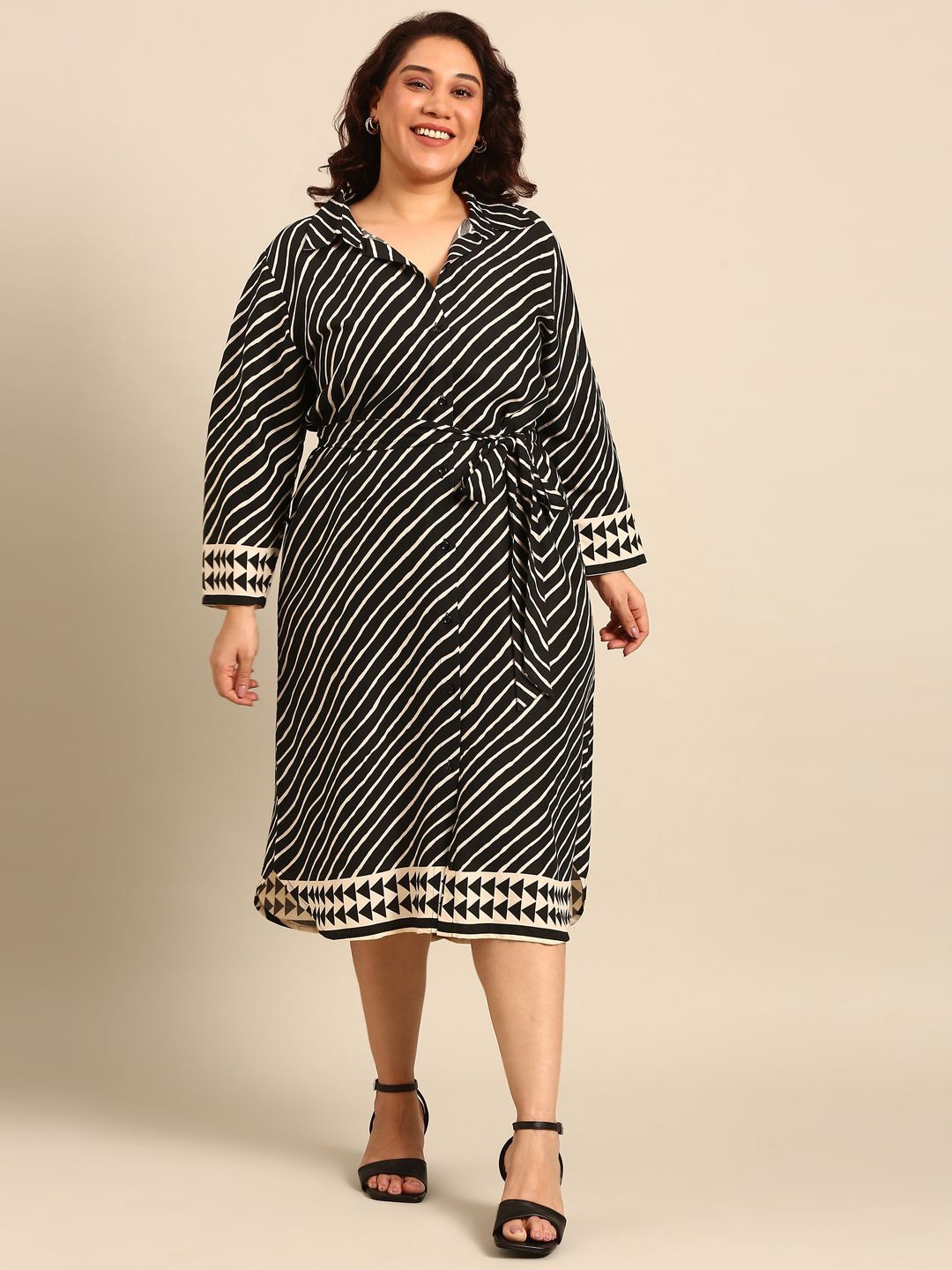 

The Pink Moon Women Striped Wrap Midi Dress, Black