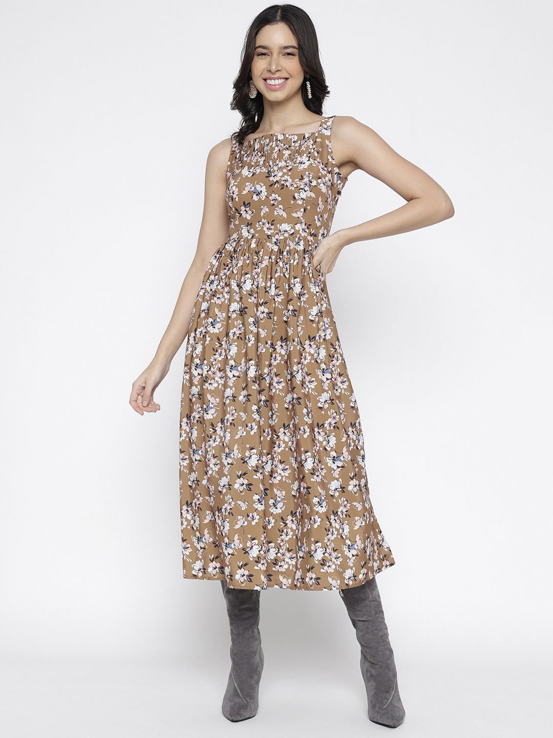 

La Intimo Floral Print Crepe Fit & Flare Midi Dress, Brown