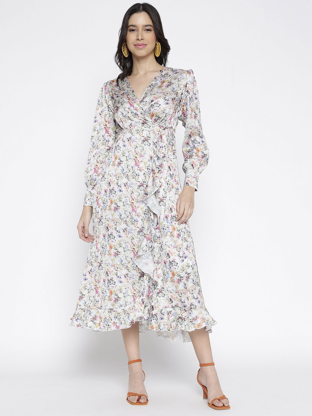 

La Intimo Floral Print Puff Sleeve Satin Midi Dress, Cream