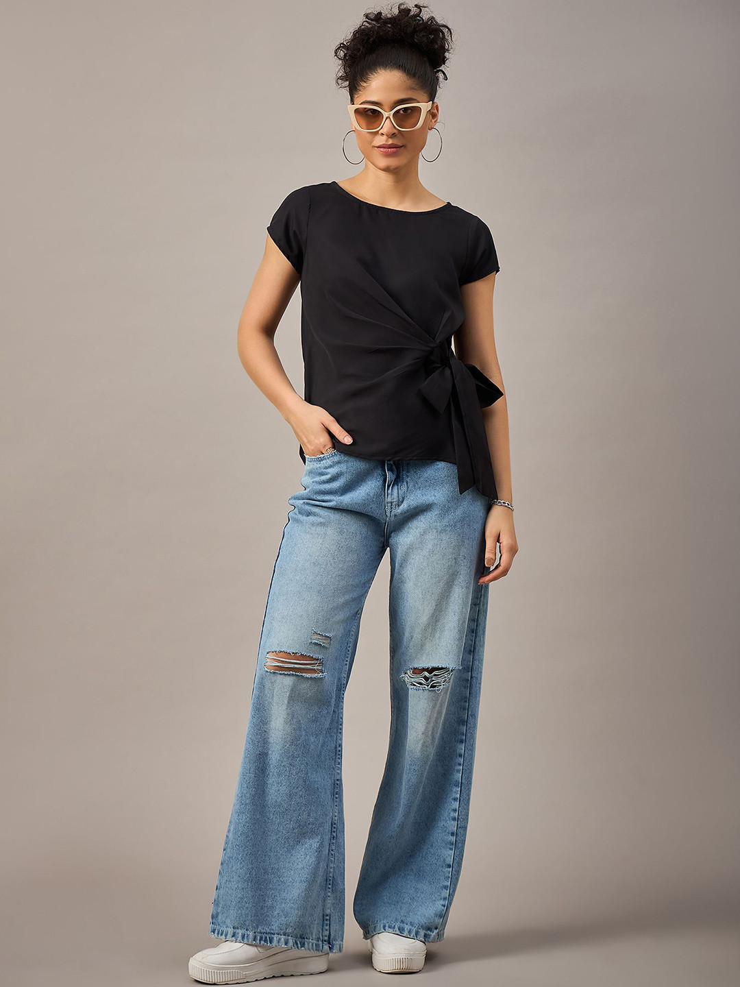 

The Roadster Life Co. Women Solid Round Neck Polyester Top, Black