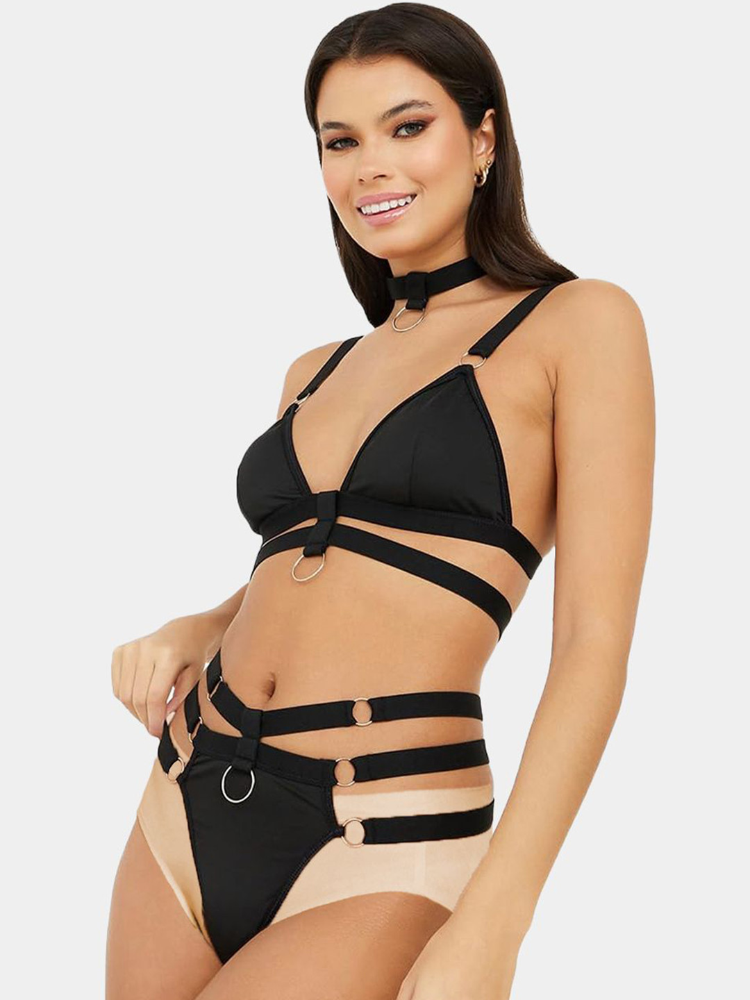 

KRENOZ Ring Linked Cut-out Lingerie Set BK-1-BLK-P4, Black