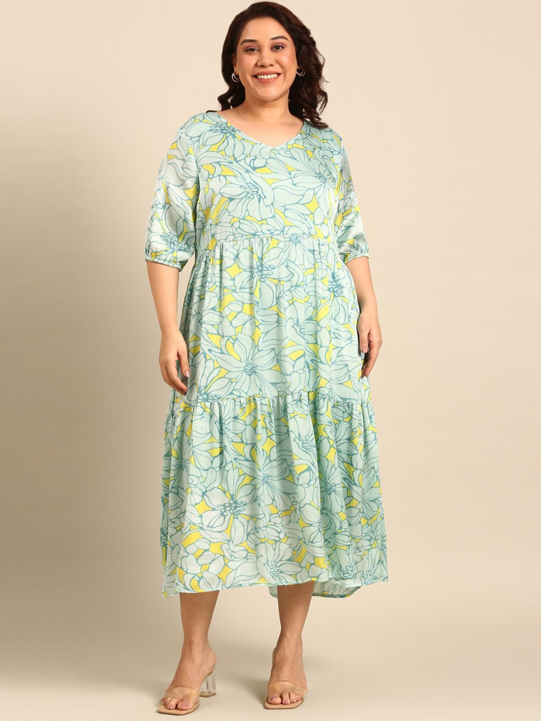 

The Pink Moon Floral Print Crepe A-Line Midi Dress, Sea green