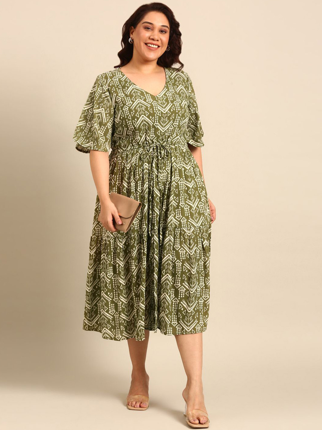 

The Pink Moon Tribal Print Fit and Flare Midi Dress, Green