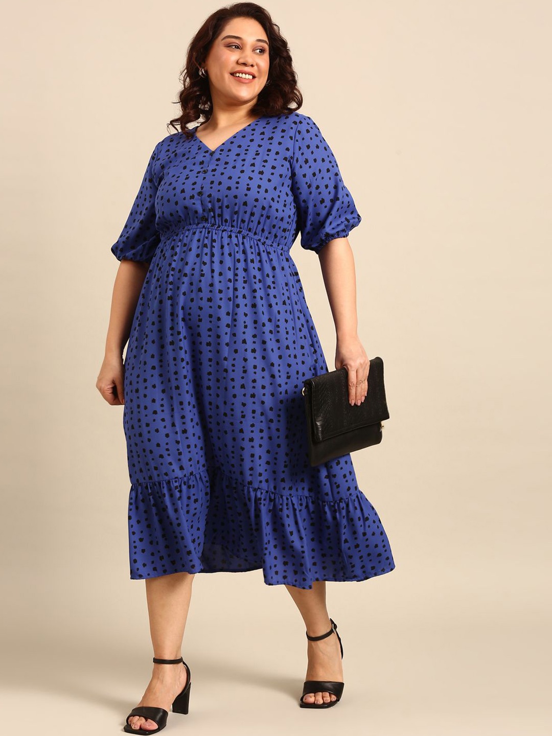 

The Pink Moon Polka Dot Print Georgette Empire Midi Dress, Blue