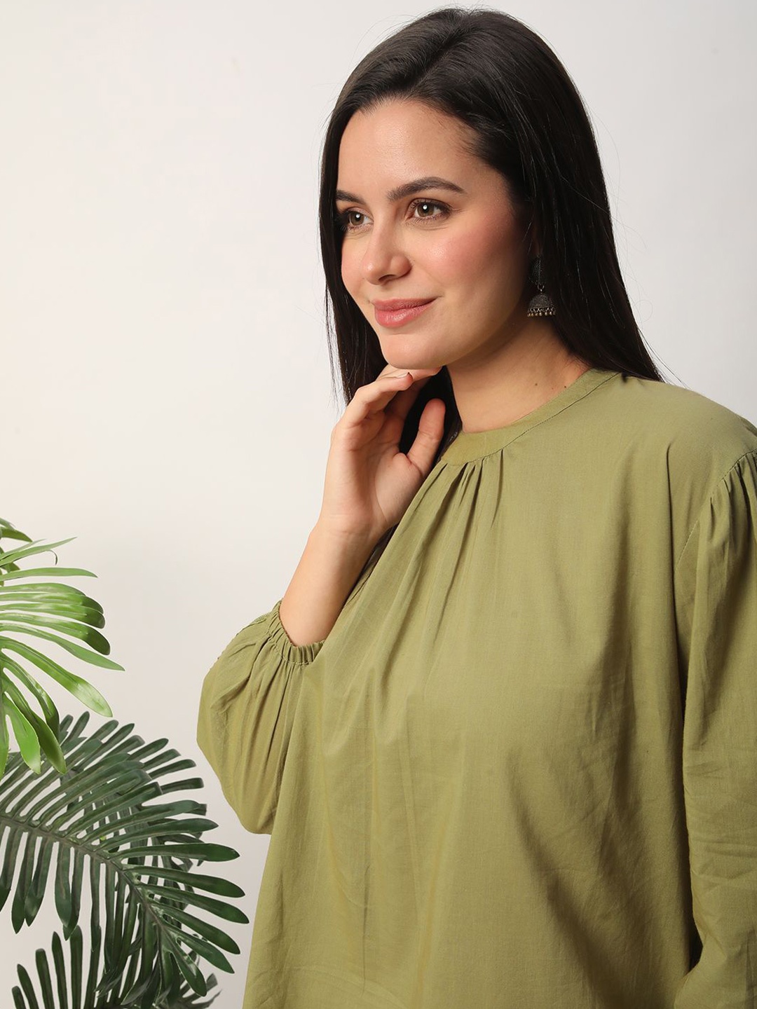 

R&B Pleated Cotton Regular Top, Green