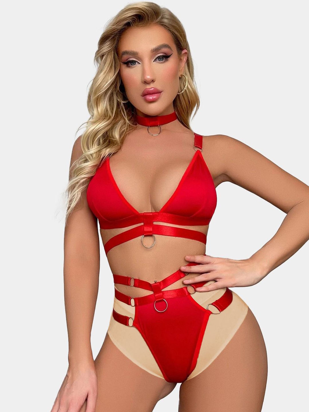 

VAGHBHATT Ring Linked Cut-out Lingerie Set - BK-1-RED-P1