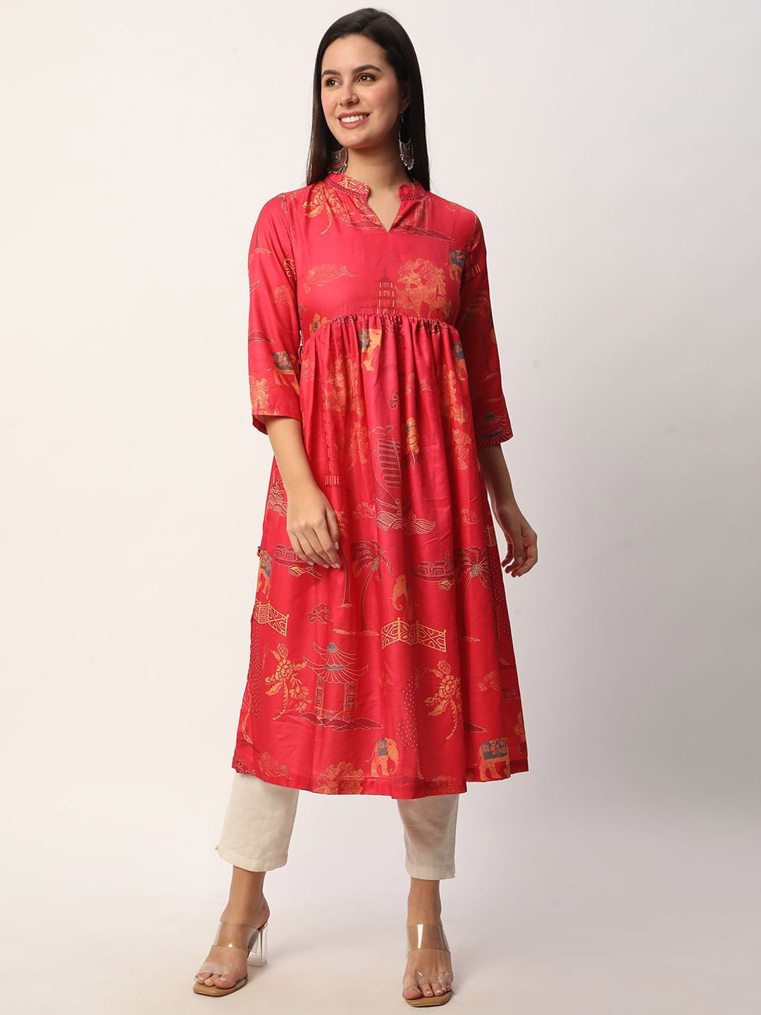 

R&B Floral Printed Mandarin Collar Pleated Straight Kurta, Pink