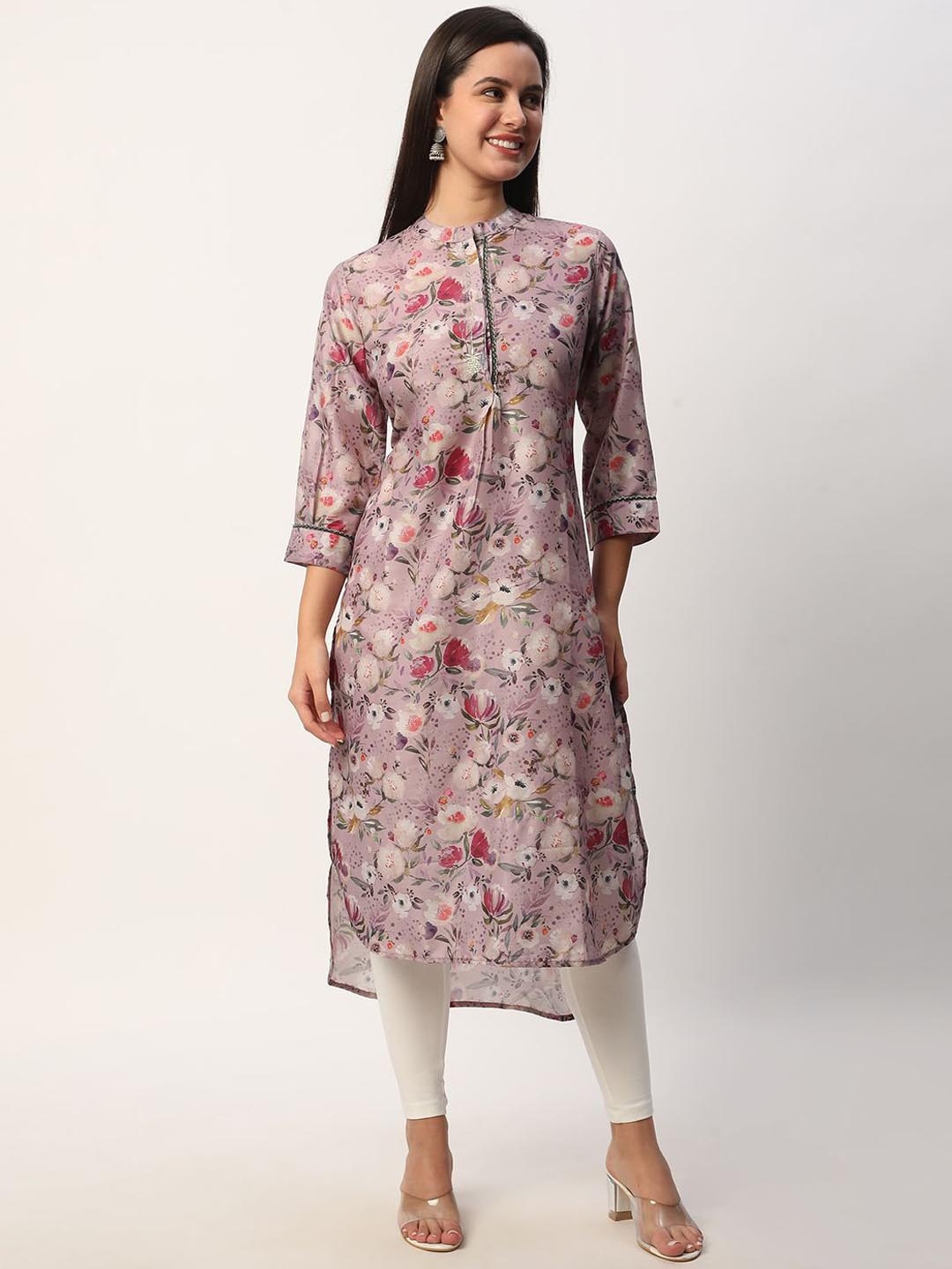 

R&B Floral Printed Zari Work Mandarin Collar High-Low Straight Kurta, Purple