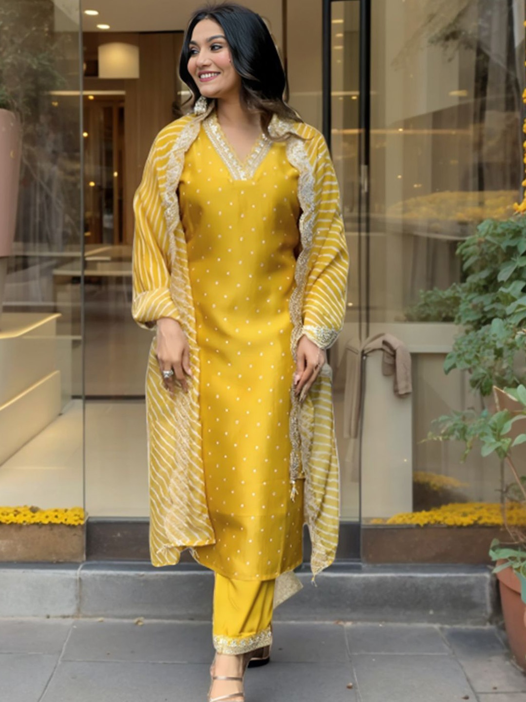 

KALINI Floral Embroidered V-Neck Sequinned Straight Kurta with Trousers & Dupatta, Yellow