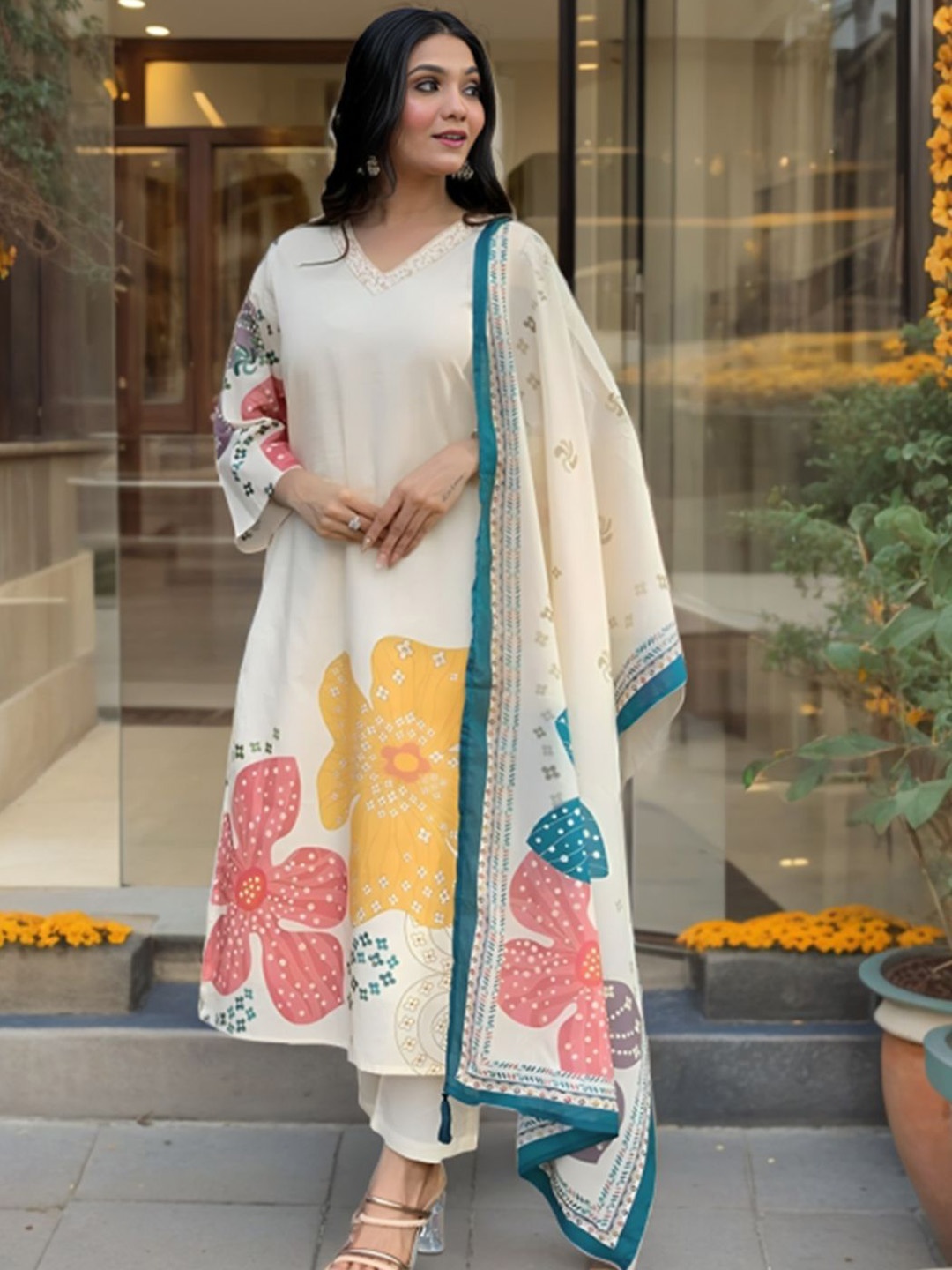 

KALINI Floral Printed V-Neck Straight Kurta with Trousers & With Dupatta, White
