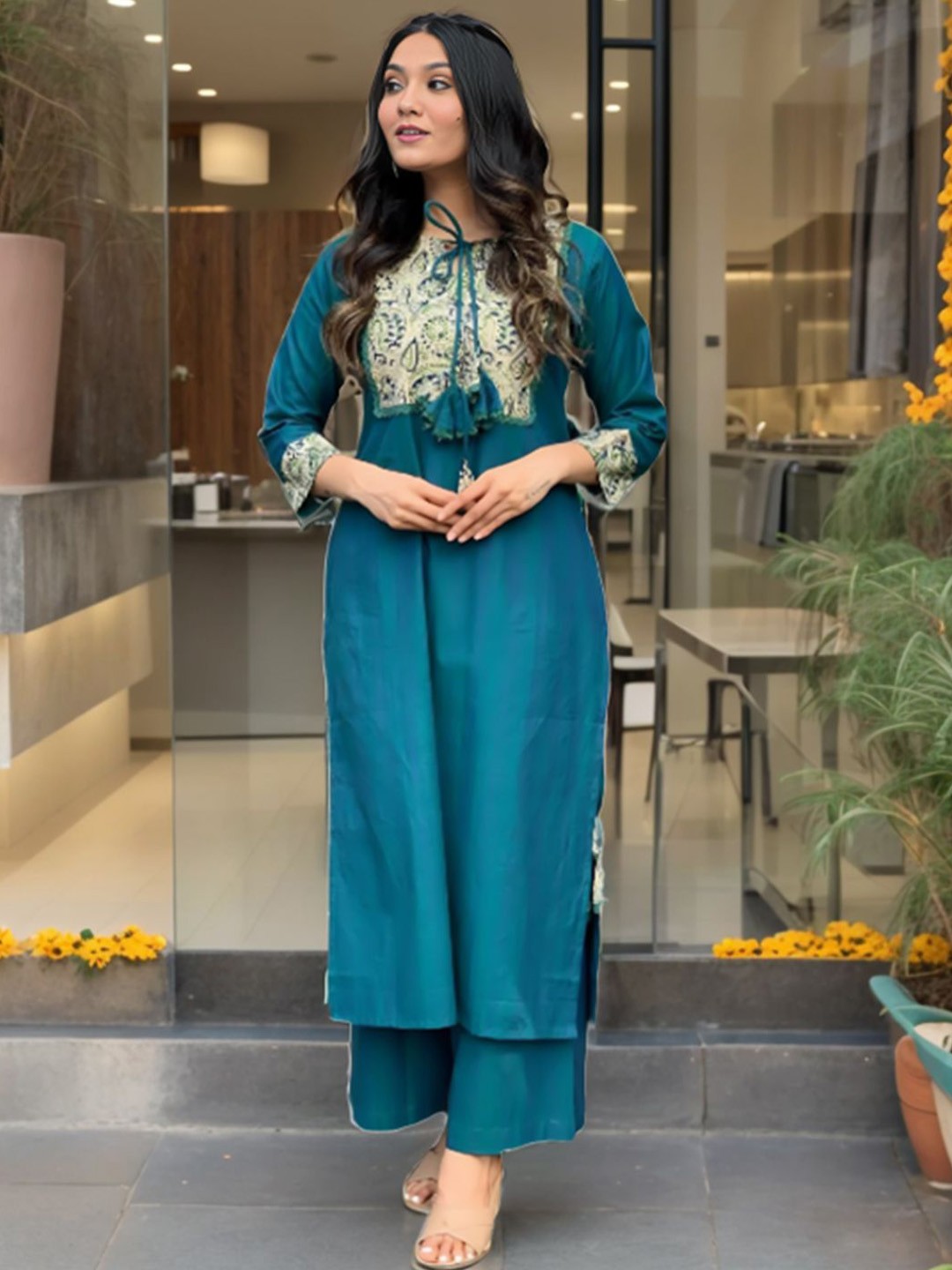 

KALINI Paisley Yoke Design Tie Up Neck Pure Cotton Straight Kurta with Palazzo, Teal