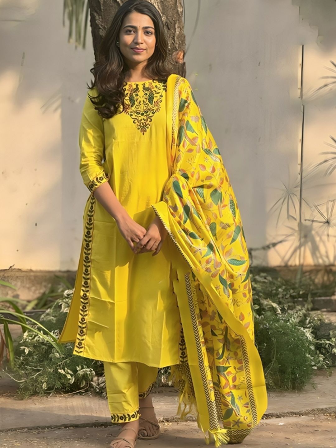 

KALINI Floral Printed Pure Cotton Straight Kurta with Trousers & Dupatta, Yellow