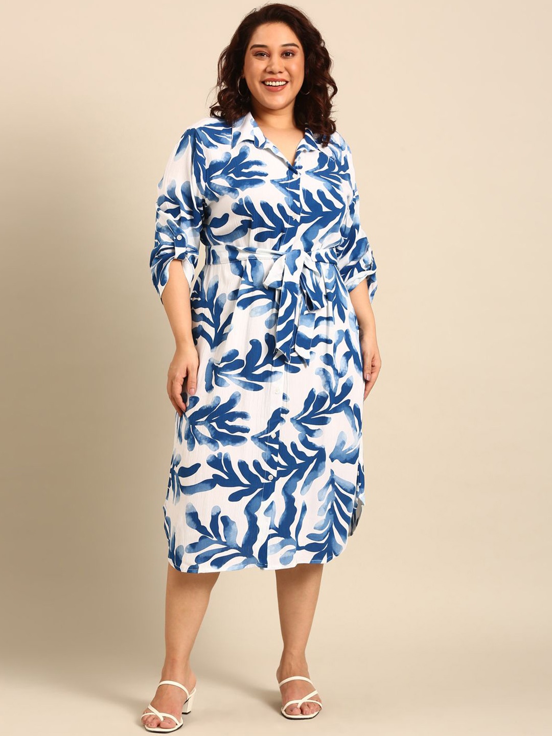 

The Pink Moon Floral Print Crepe Shirt Midi Dress, White