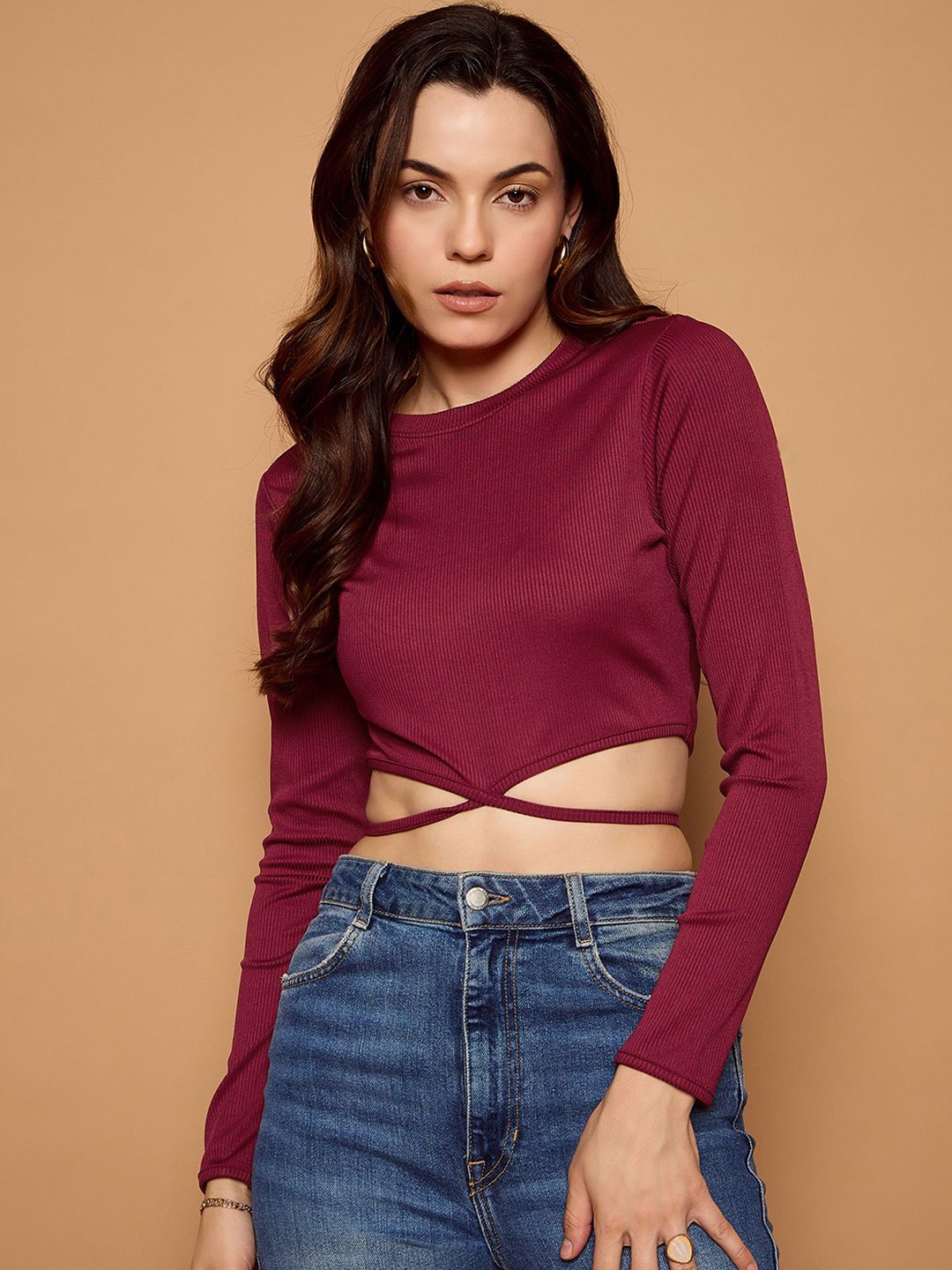 

Kibo Tie-Up Waist Crop Top, Maroon