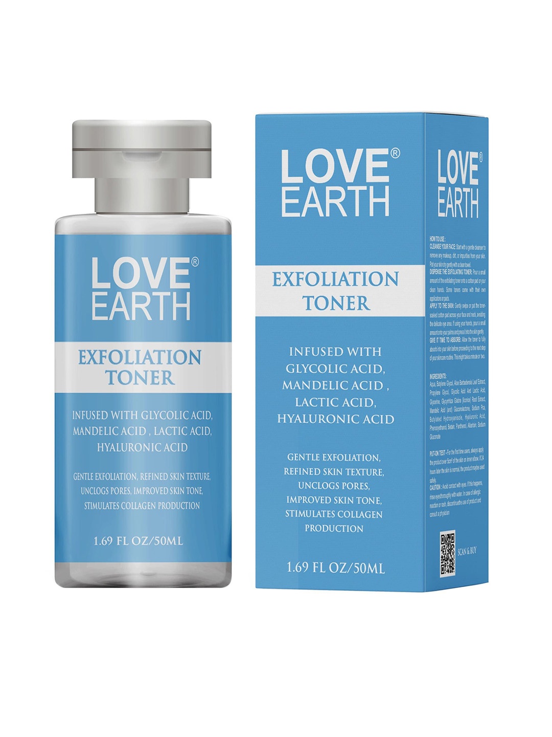 

LOVE EARTH Exfoliation Toner with h Glycolic Mandelic Lactic Hyaluronic Acids - 50ml, Blue