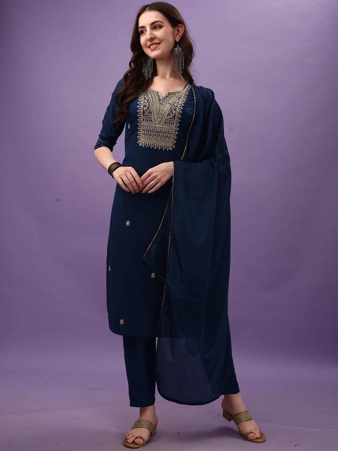 

THE52 Floral Yoke Design Regular Kurta with Trousers & With Dupatta, Blue