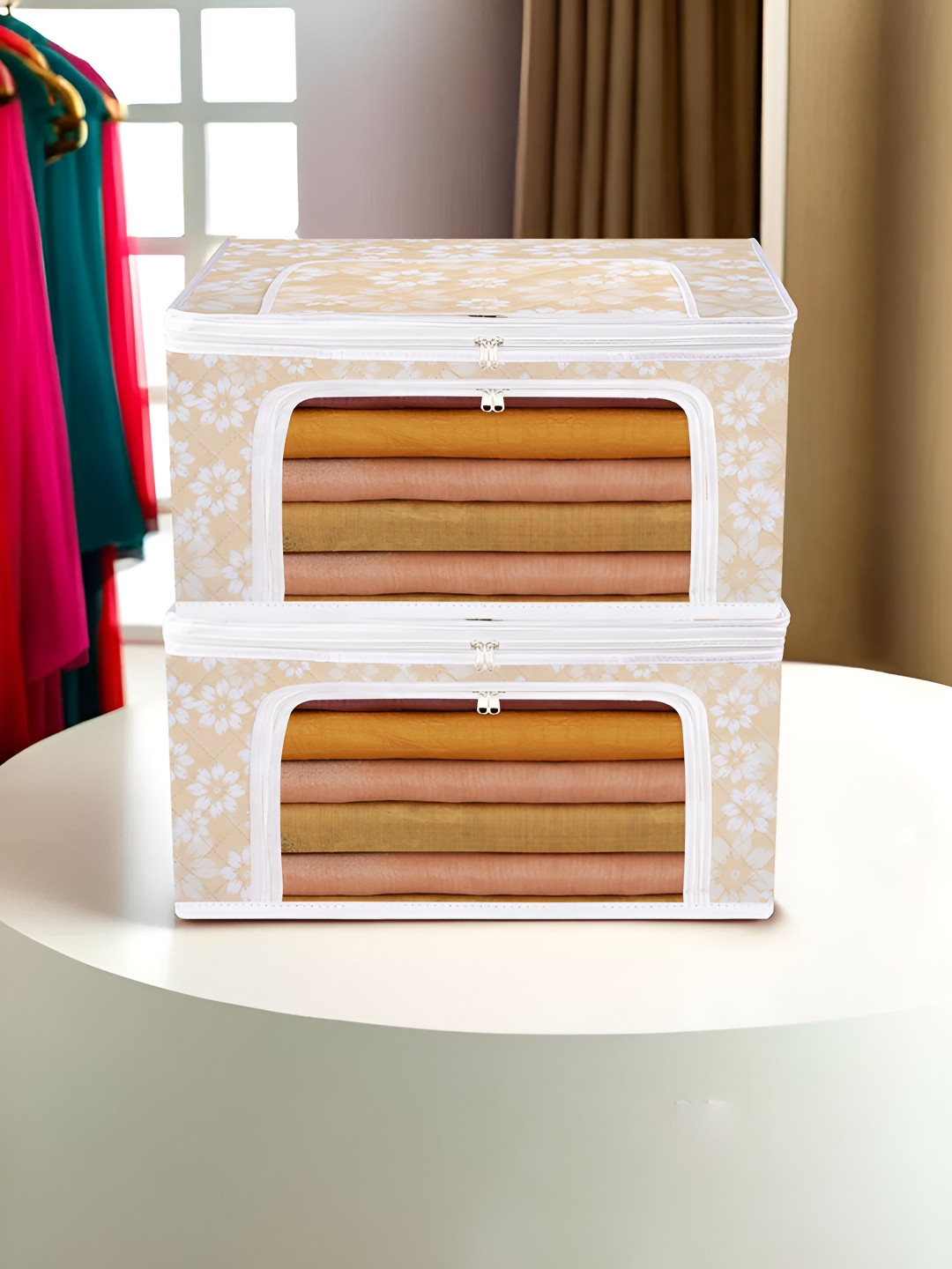 

Kuber Industries Beige & White 2 Pieces Printed Drawer Organisers
