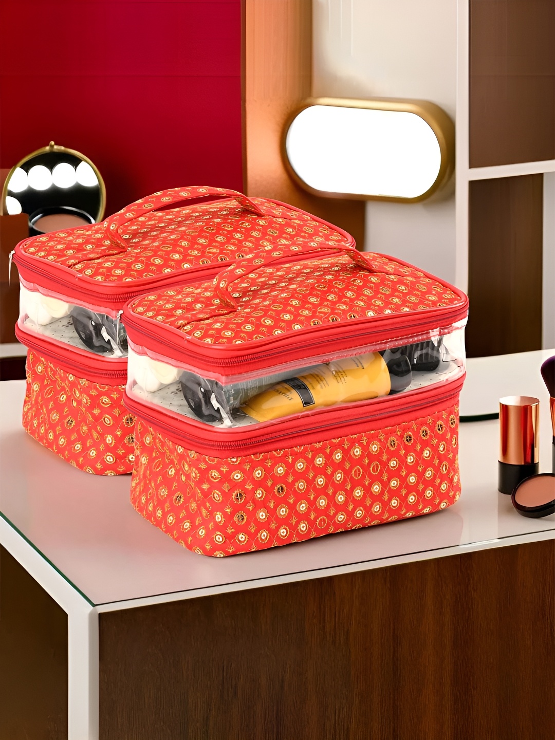

Kuber Industries Red & Gold Toned 2 Pieces Self Design Water Resistant Makeup Organisers