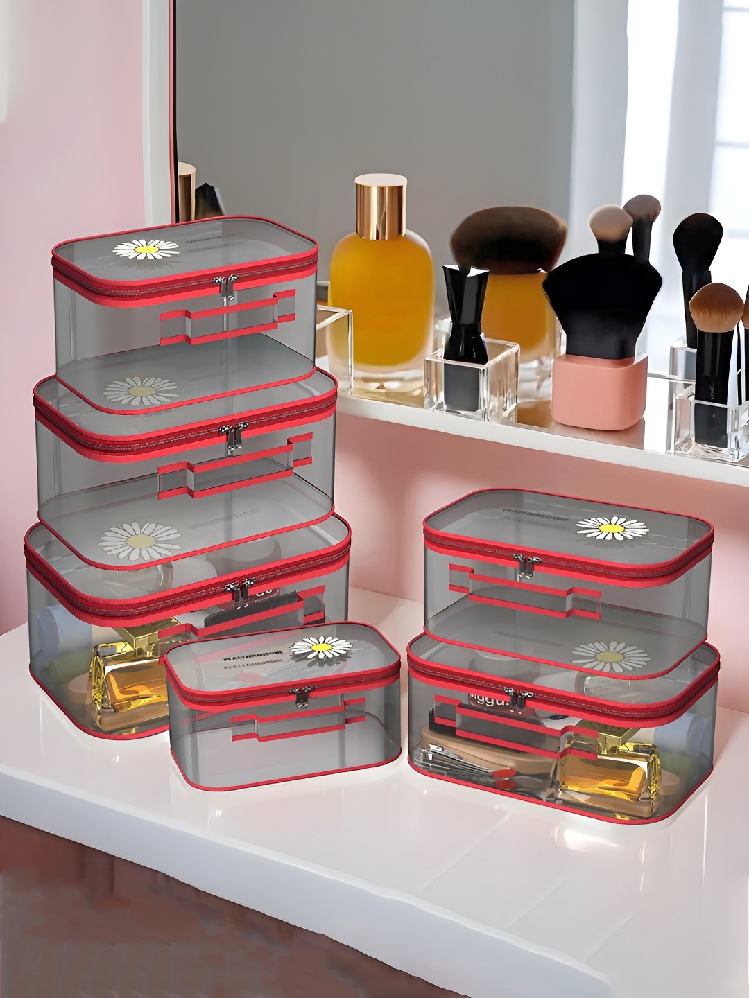 

Kuber Industries Red & Transparent 6 Pieces Water Resistant Makeup Organisers