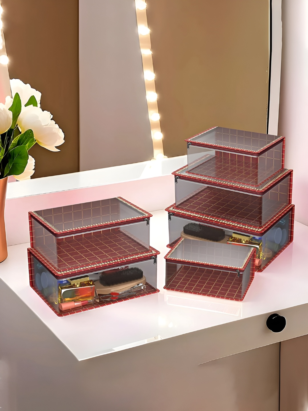 

Kuber Industries Maroon & Transparent 6 Pcs Water Resistant Makeup Organisers