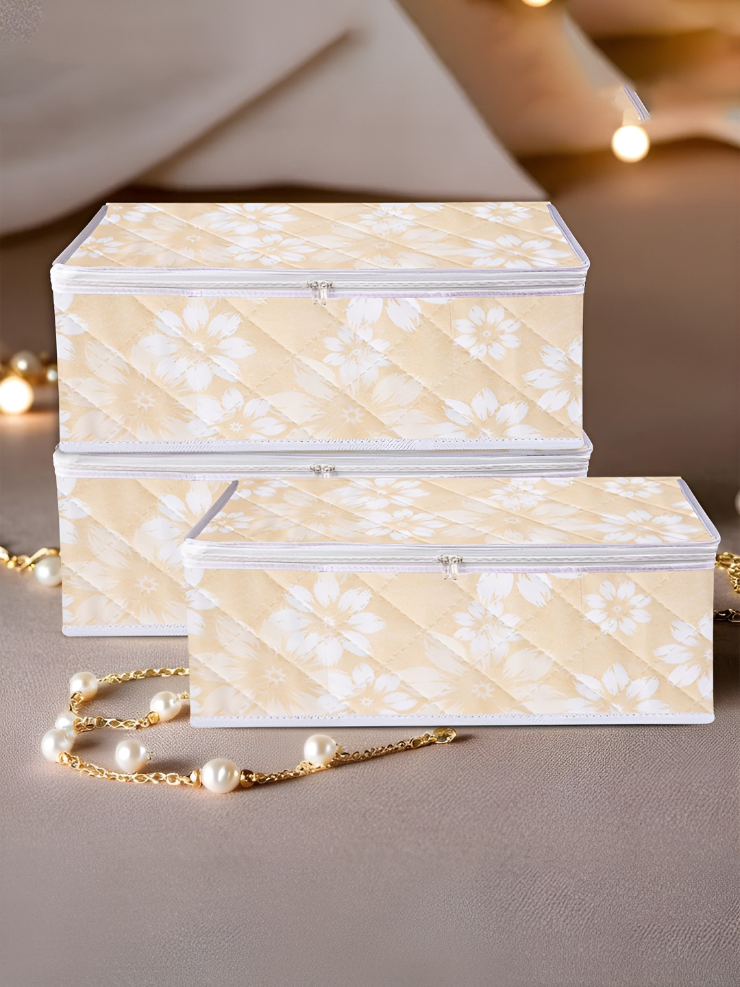 

Kuber Industries Beige & White 3 Pieces Printed Water Proof Jewellery Organisers