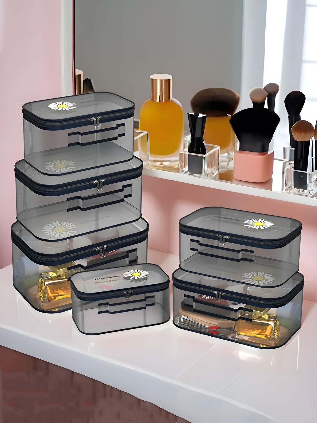 

Kuber Industries Blue & Transparent 6 Pieces Water Resistant Makeup Organisers