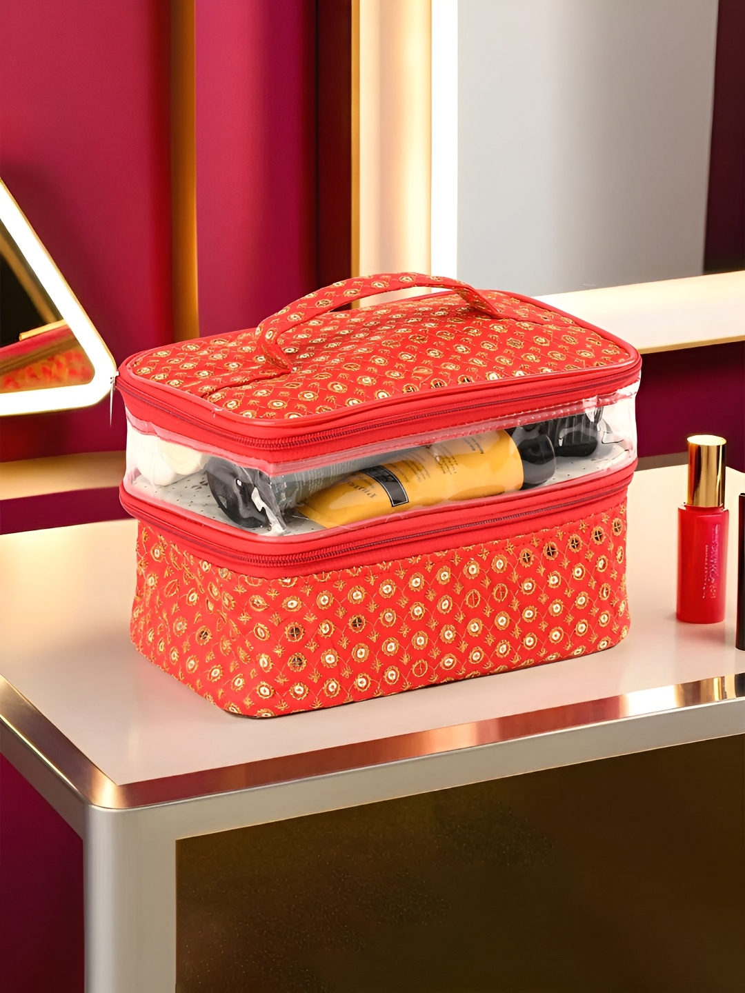 

Kuber Industries Red & Gold Toned Self Design Water Resistant Makeup Organiser