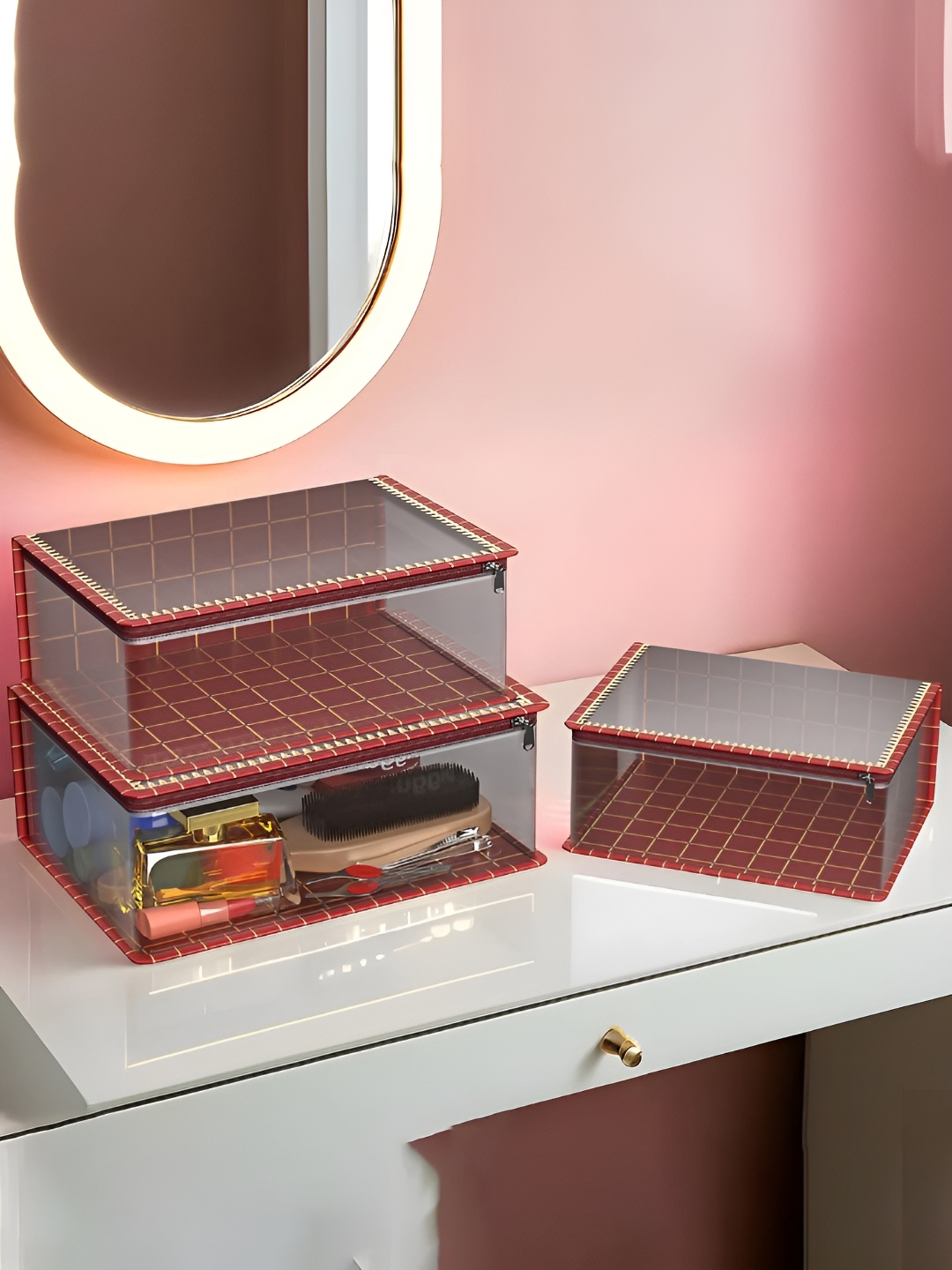 

Kuber Industries Maroon & Transparent 3 Pieces Water Resistant Makeup Organisers