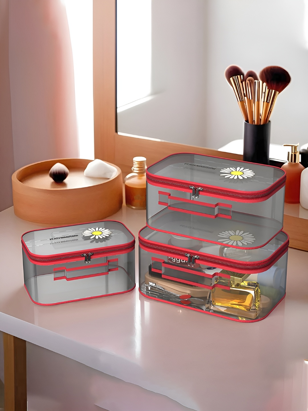 

Kuber Industries Red & Transparent 3 Pieces Water Resistant Makeup Organisers