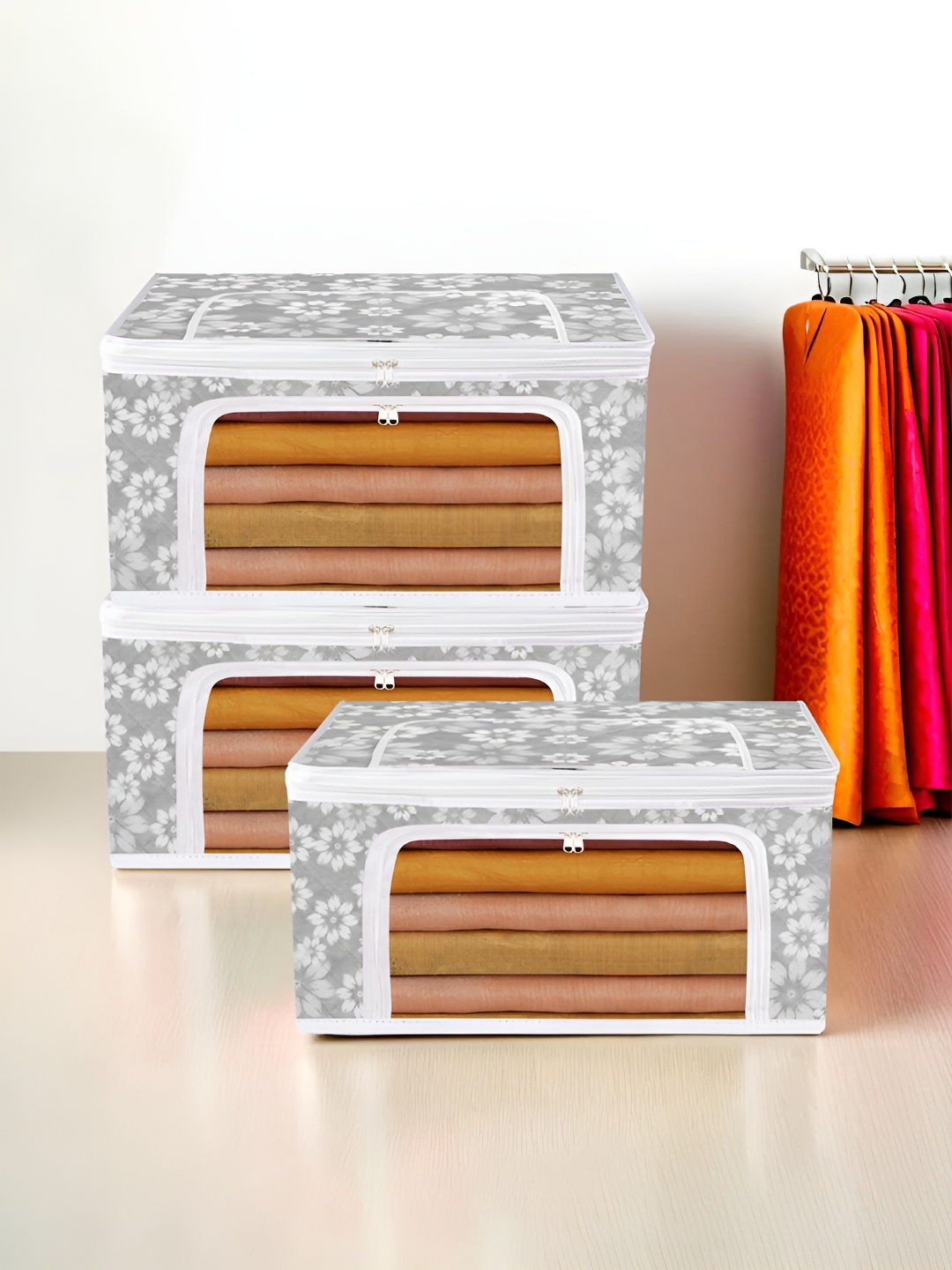 

Kuber Industries Grey & White 3 Pieces Printed Drawer Organisers