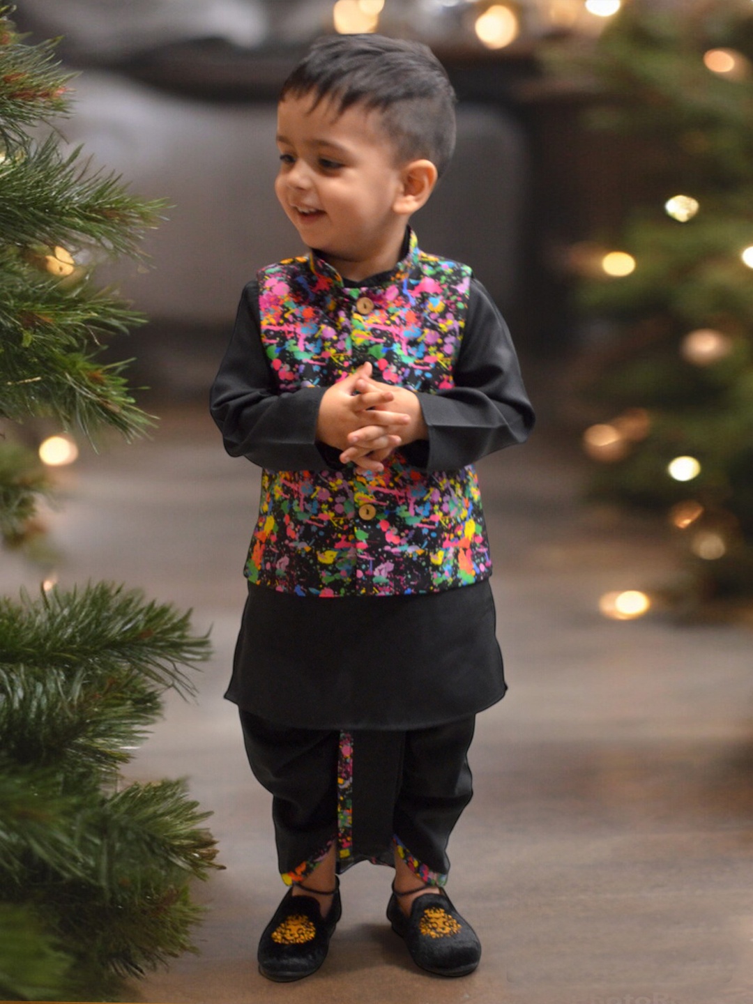 

A.T.U.N. Boys Mandarin Collar Straight Kurta with Dhoti Pants & Jacket, Black