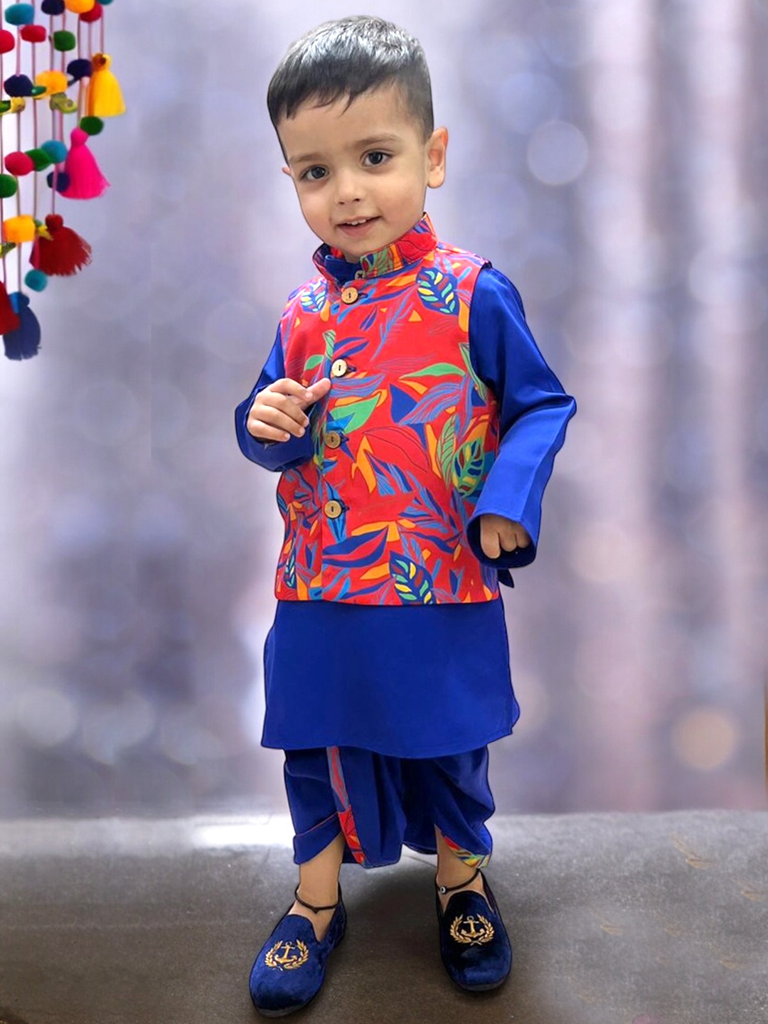 

A.T.U.N. Boys Mandarin Collar Straight Kurta With Dhoti Pants & Jacket, Blue