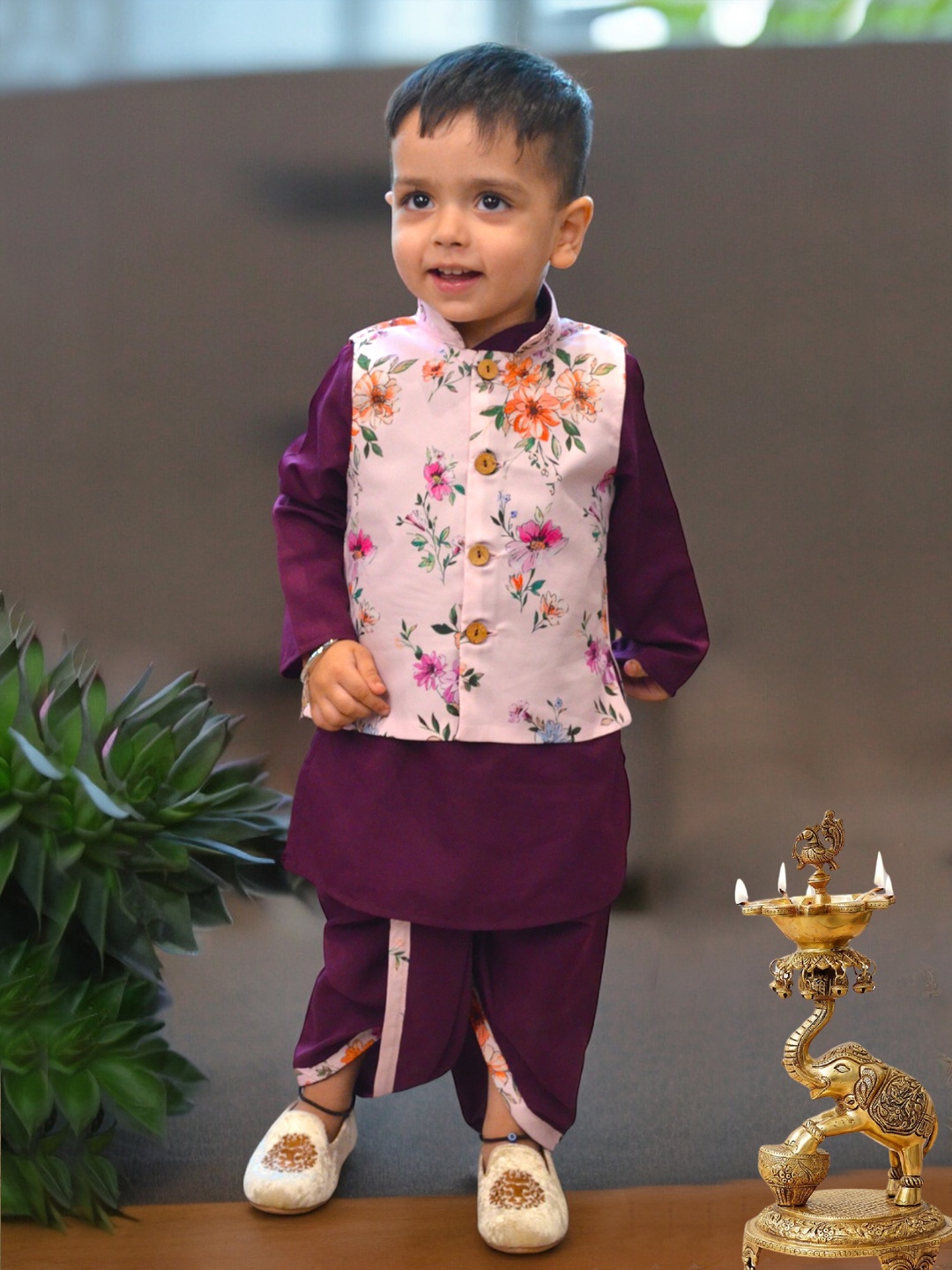 

A.T.U.N. Boys Mandarin Collar Straight Kurta With Dhoti Pants & Jacket, Red