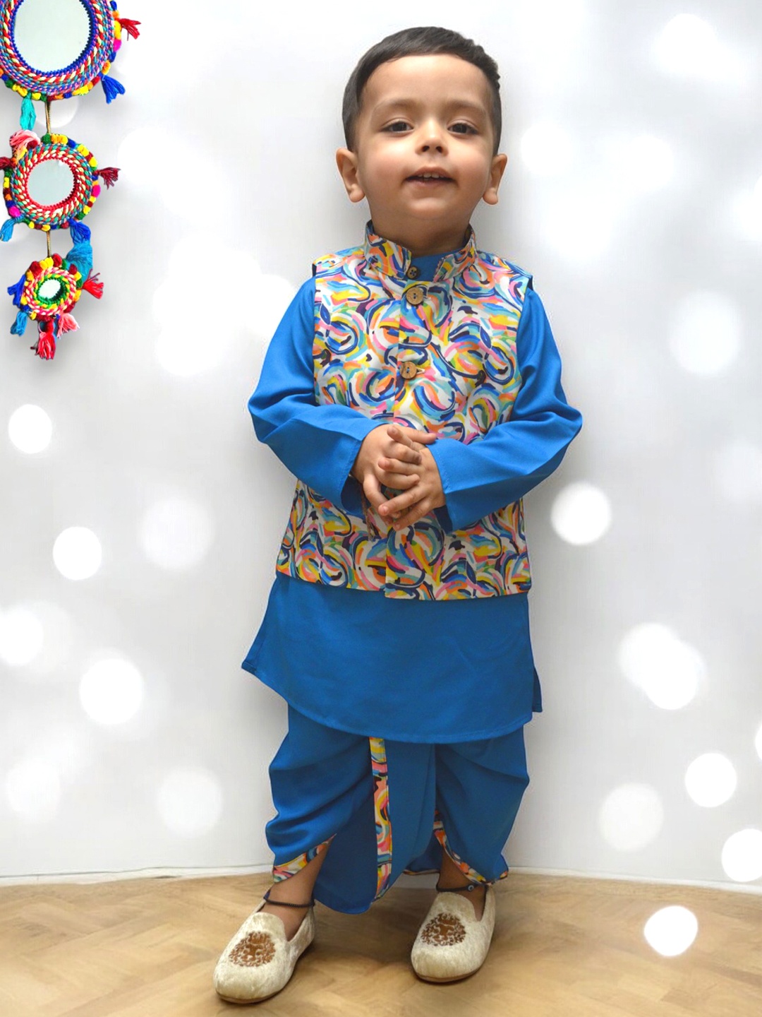 

A.T.U.N. Boys Mandarin Collar Straight Kurta With Dhoti Pants & Jacket, Turquoise blue