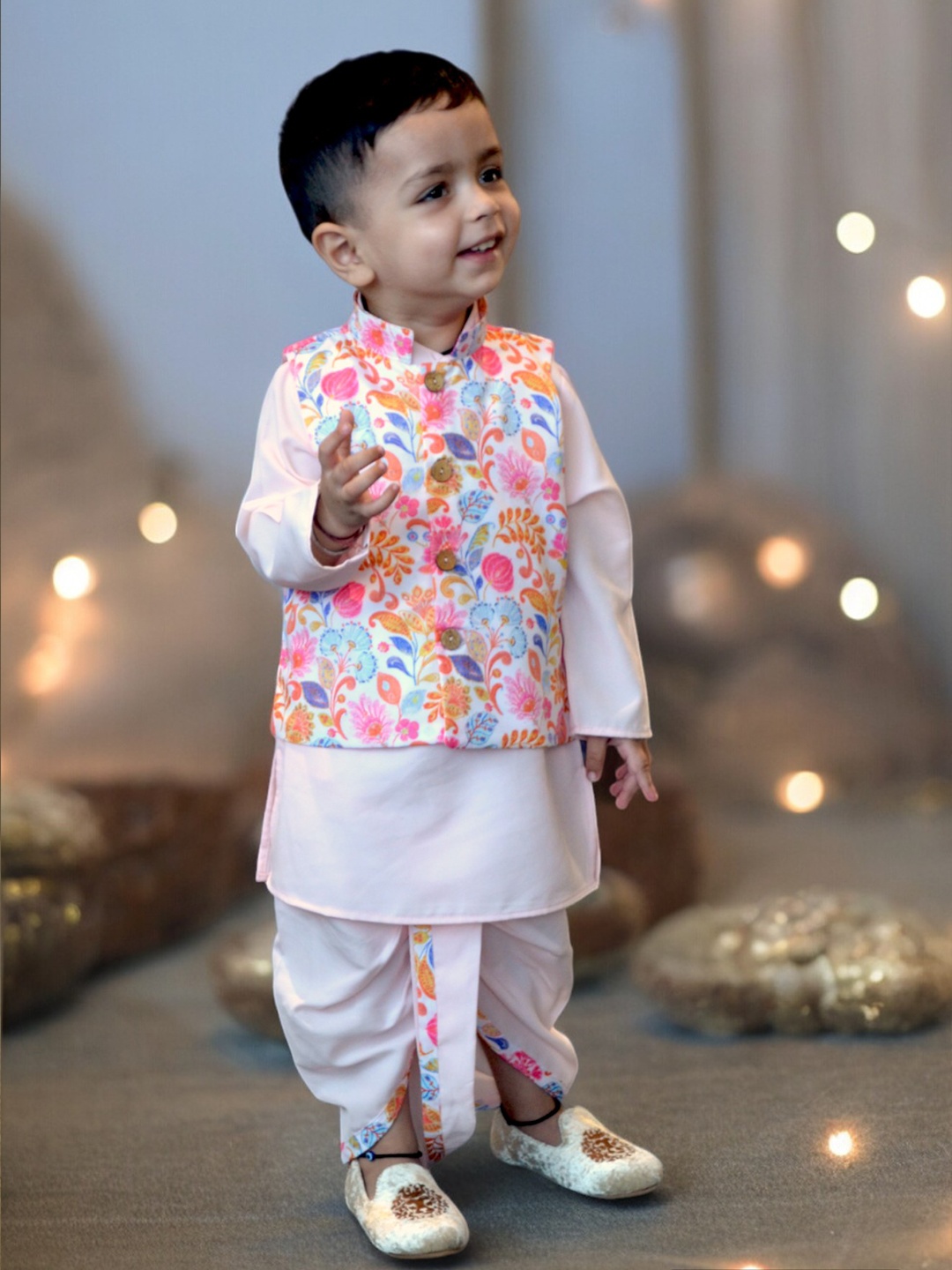 

A.T.U.N. Boys Mandarin Collar Straight Kurta With Dhoti Pants & Jacket, Pink