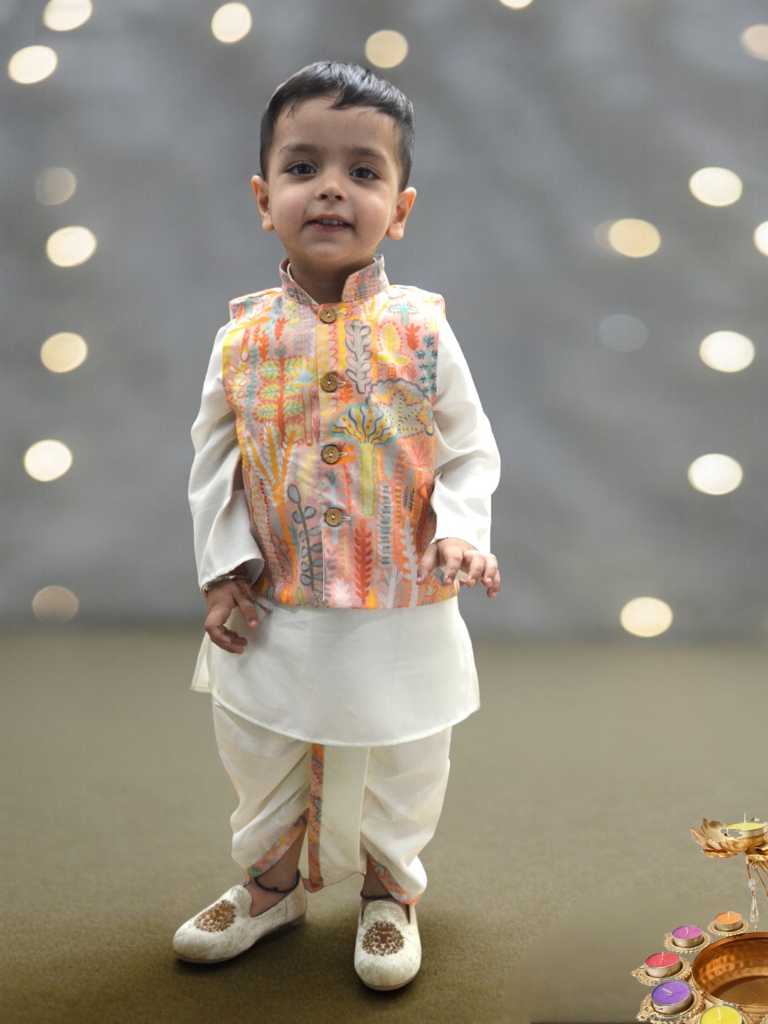 

A.T.U.N. Boys Mandarin Collar Straight Kurta With Dhoti Pants & Jacket, Cream