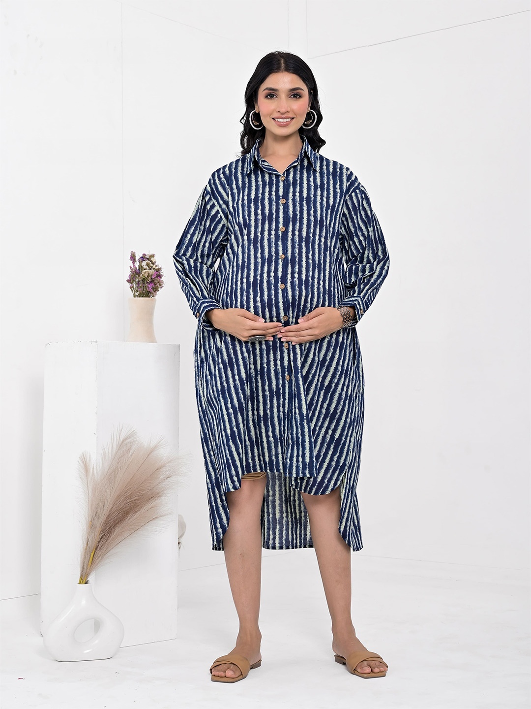 

Kaheksa Striped Maternity Shirt Midi Dress, Blue