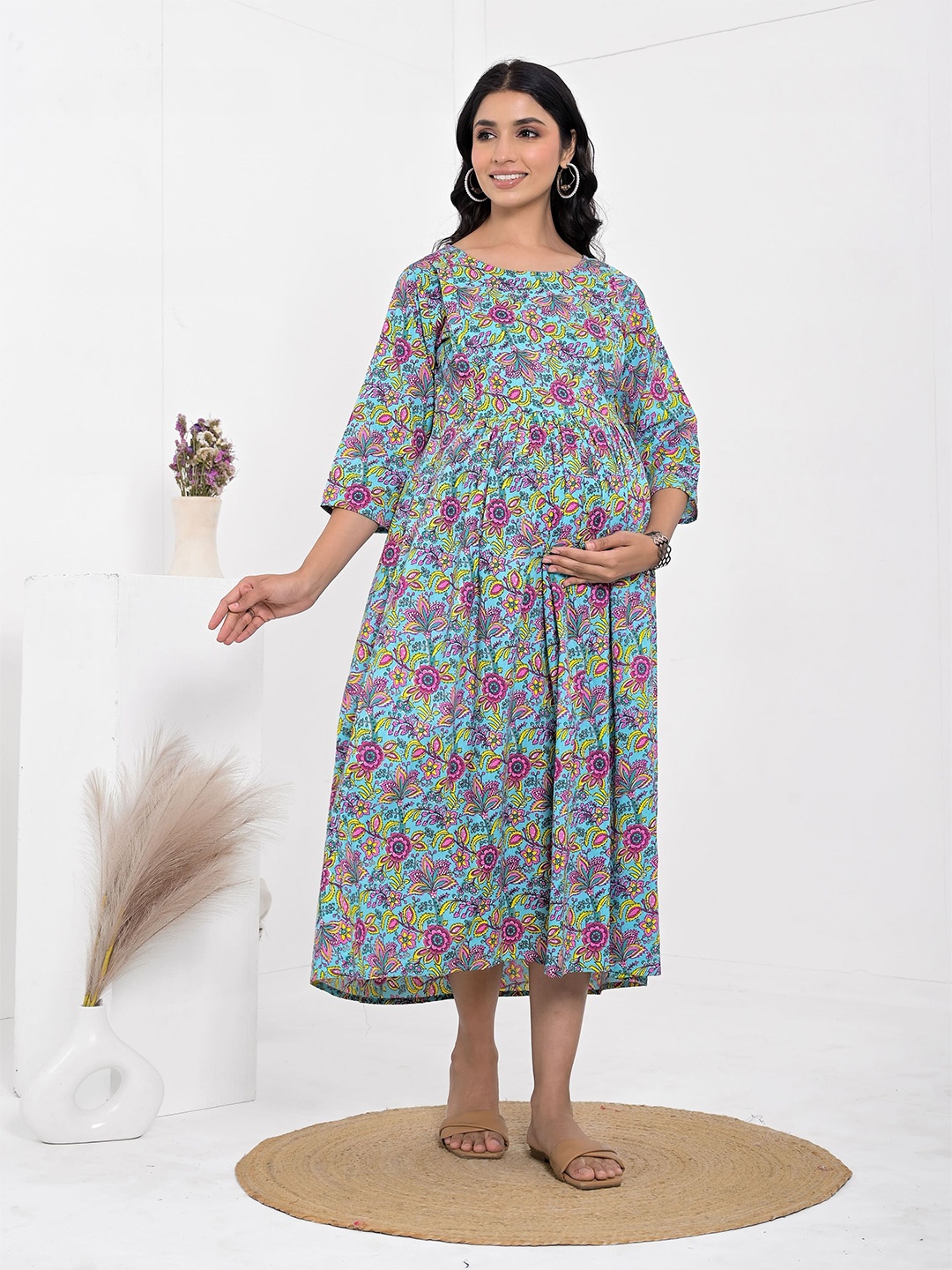 

Kaheksa Floral Print Maternity A-Line Midi Dress, Turquoise blue