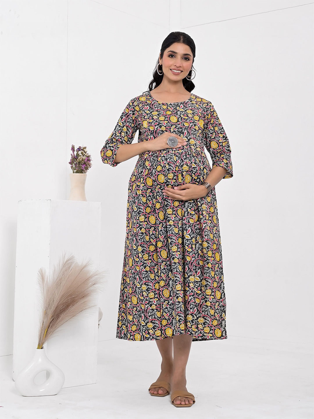 

Kaheksa Floral Print Maternity Empire Midi Dress, Black